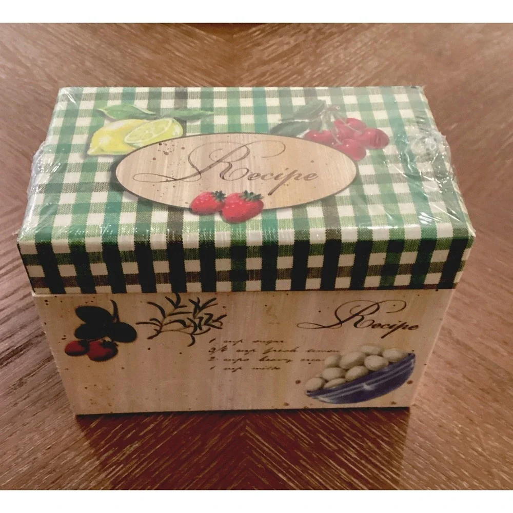 Recipe Box Green Martin Design Fruit Veg Gingham Check Lemon Cherry NEW Vintage